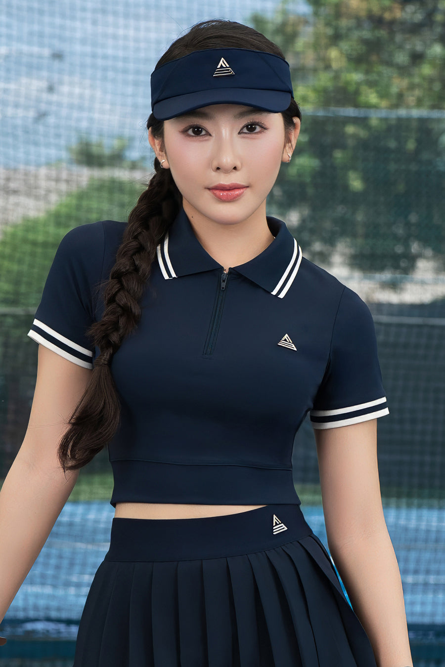 Áo polo croptop tennis pickleball nữ Fitme REGAL EA - APSP02 - Navy sọc navy - Fitme Sportswear