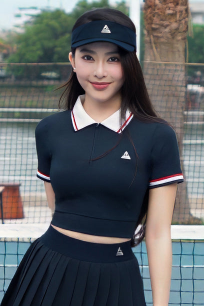 Áo polo croptop tennis pickleball nữ Fitme REGAL EA - APSP02 - Navy sọc đỏ - Fitme Sportswear