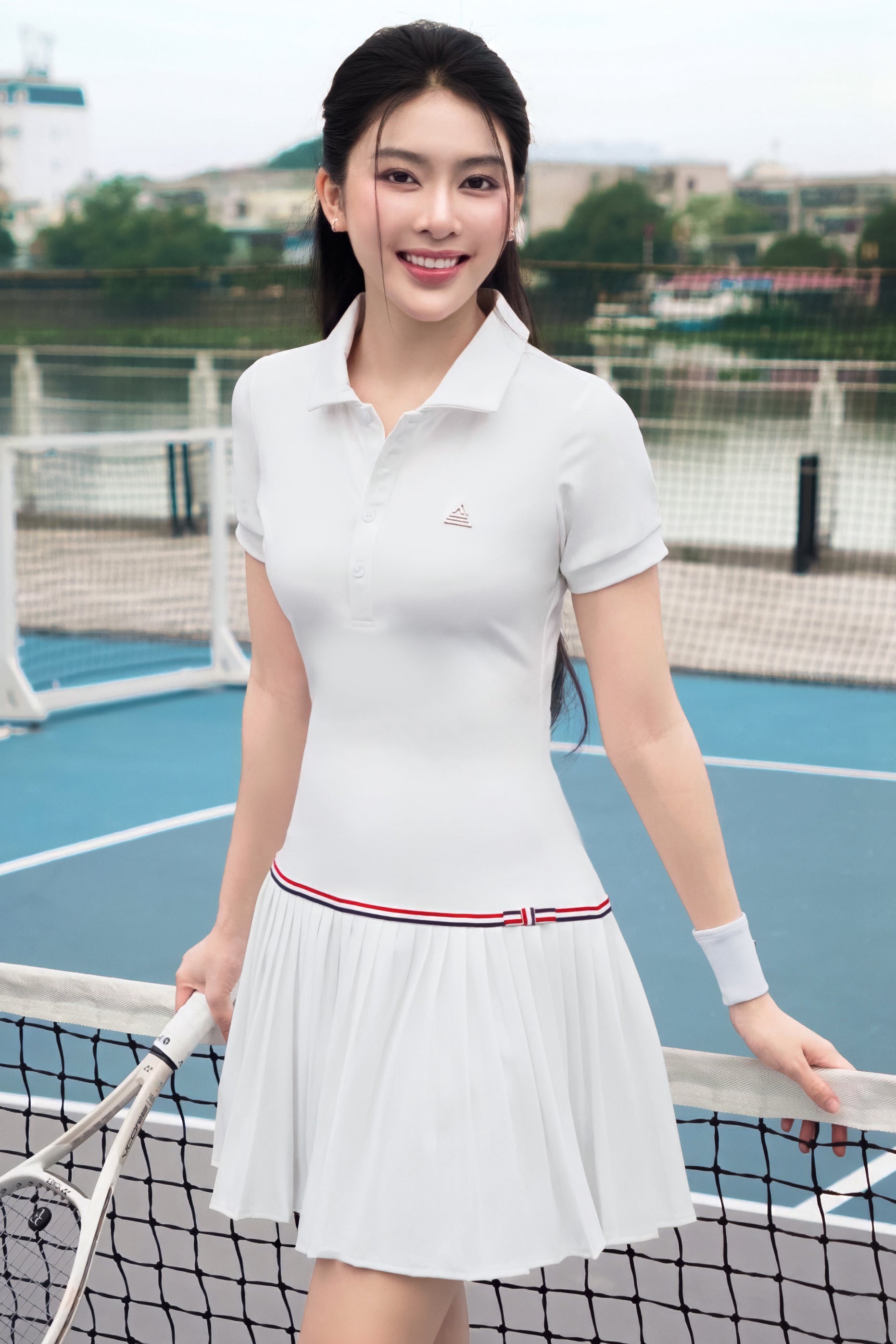 Váy tennis pickleball nữ Fitme FLAIR EA - DNSP02 - Trắng nơ đỏ - Fitme Sportswear