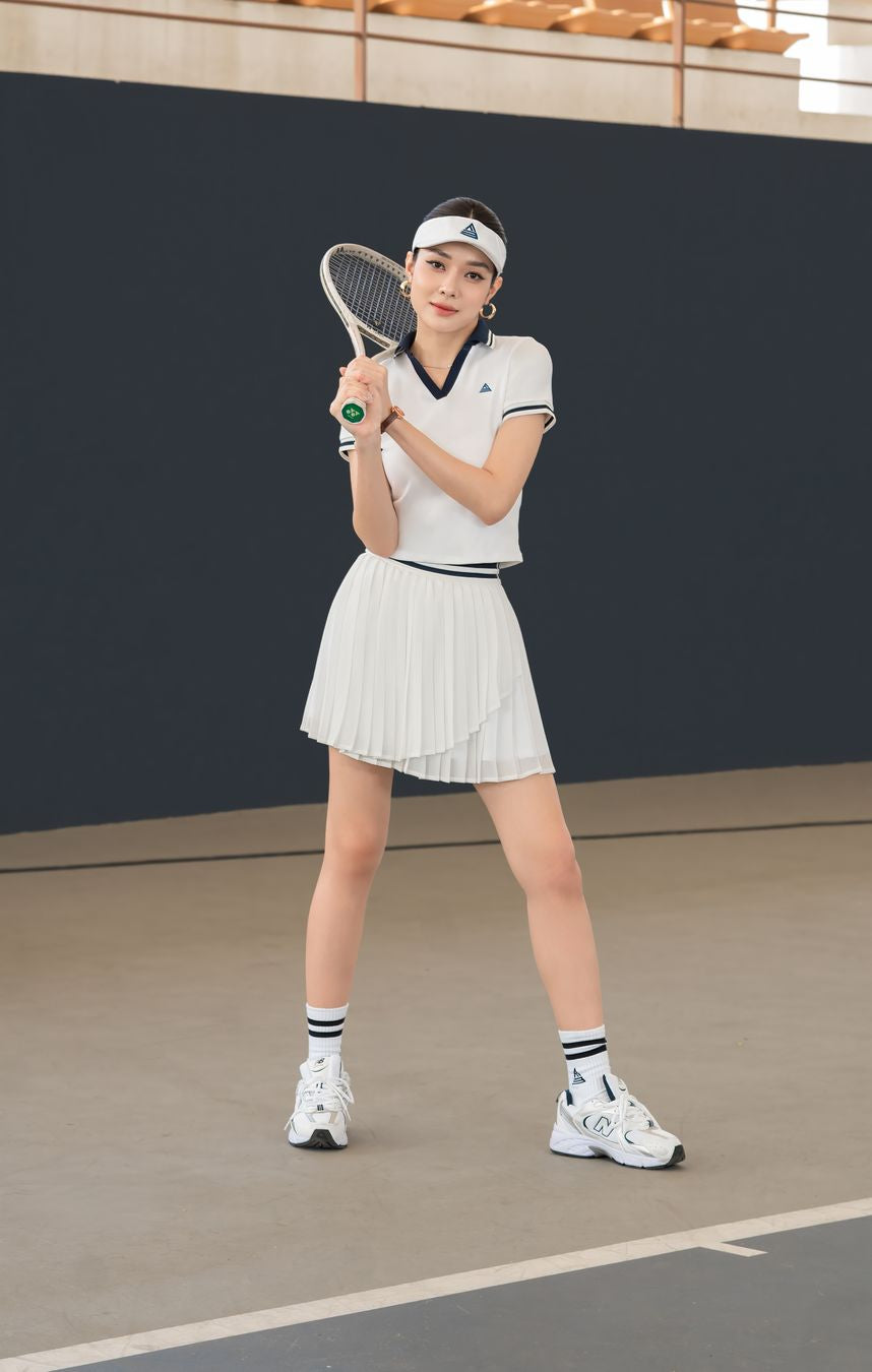 Váy pickleball tennis nữ Fitme SOLEIL ES - VVSP01 - Trắng đai Navy - Fitme Sportswear