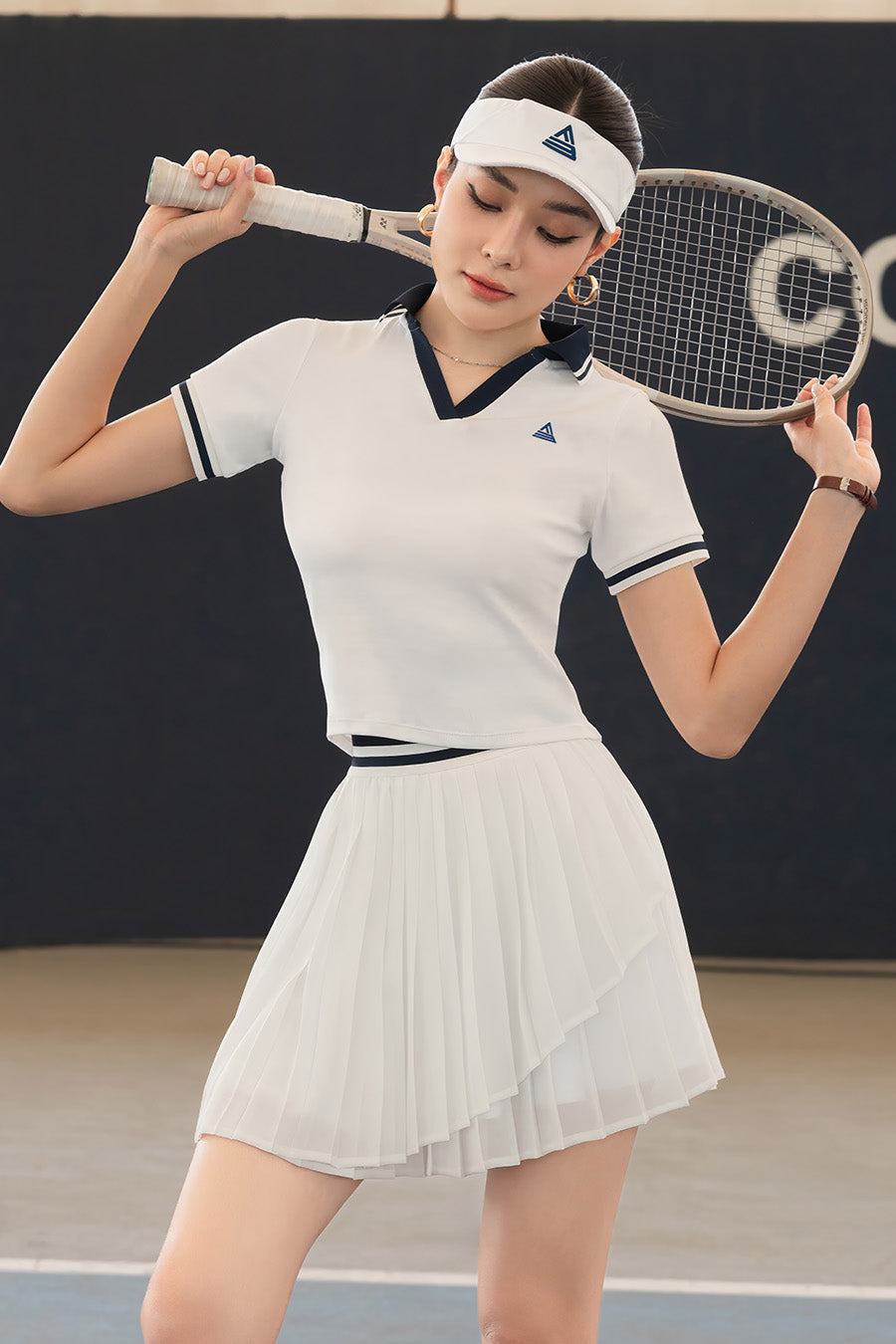 Váy pickleball tennis nữ Fitme SOLEIL ES - VVSP01 - Trắng đai Navy - Fitme Sportswear