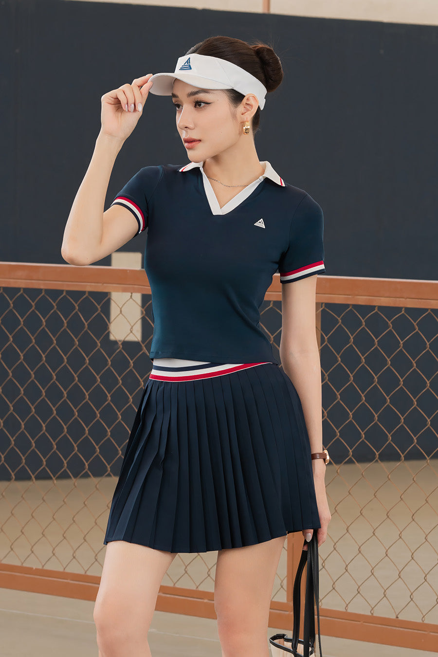 Váy tennis pickleball nữ Fitme FLEUR ES - VXSP01 - Navy đai Trắng - Fitme Sportswear