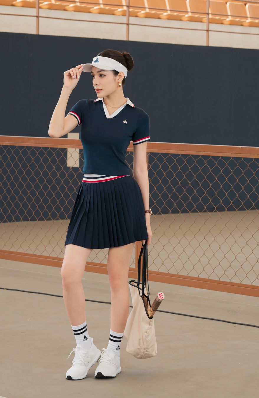 Váy tennis pickleball nữ Fitme FLEUR ES - VXSP01 - Navy đai Trắng - Fitme Sportswear