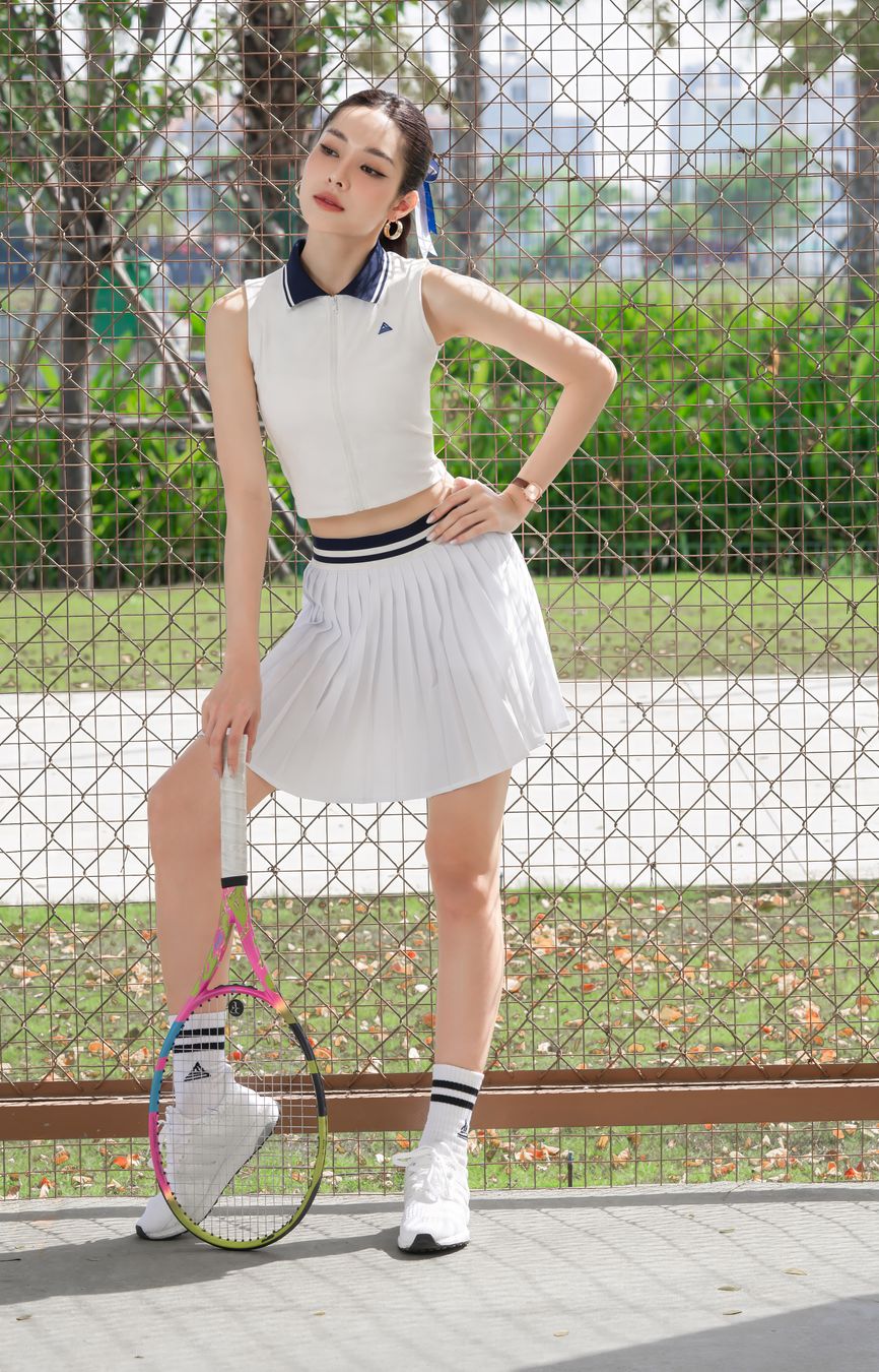 Áo polo tennis pickleball nữ Fitme LUXE ES - ACSP01 - Trắng cổ Navy - Fitme Sportswear