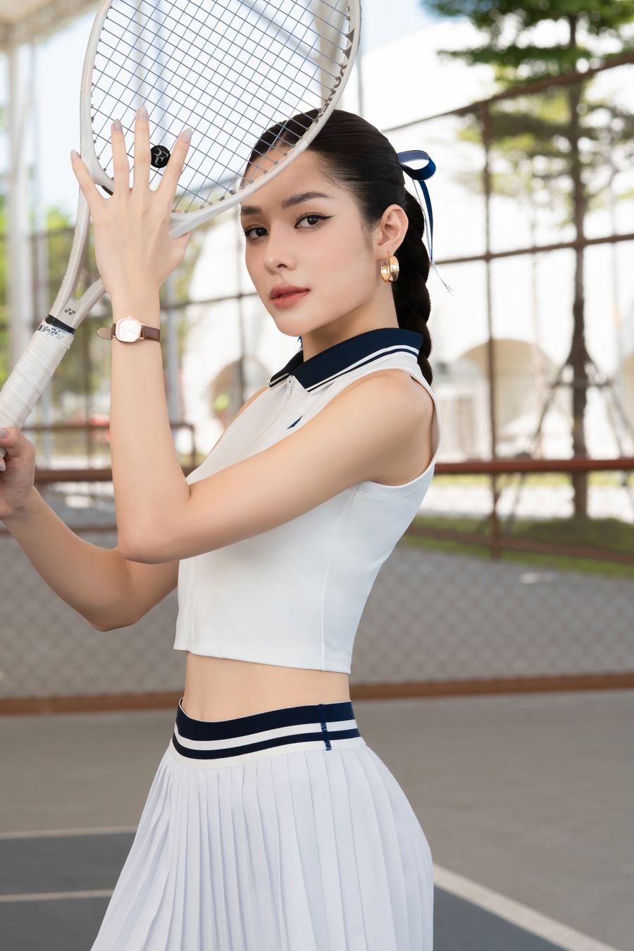 Áo polo tennis pickleball nữ Fitme LUXE ES - ACSP01 - Trắng cổ Navy - Fitme Sportswear