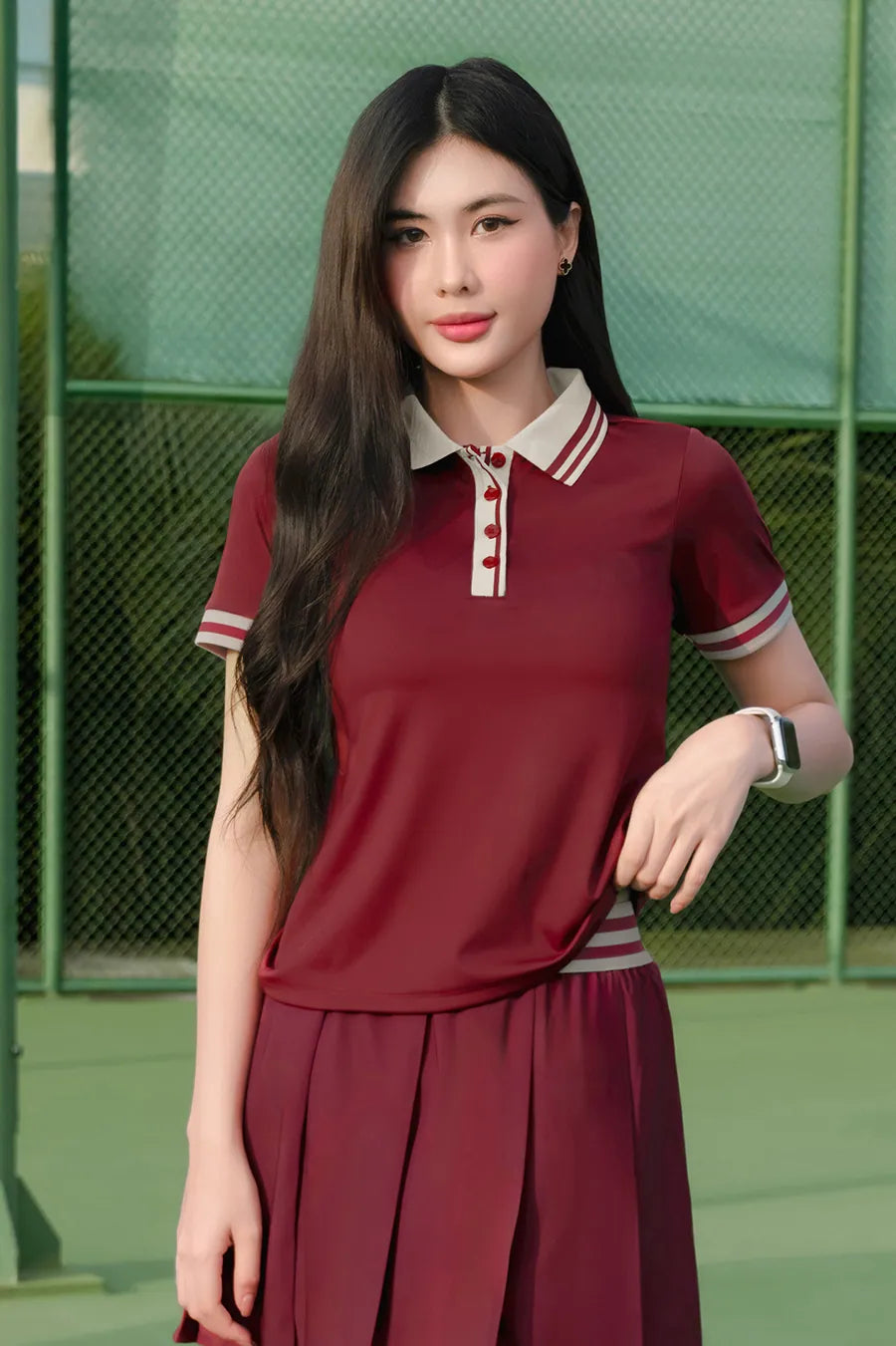 Áo polo tennis pickleball nữ Fitme EMBER CE thoáng khí kháng khuẩn APTN01 Red cổ be