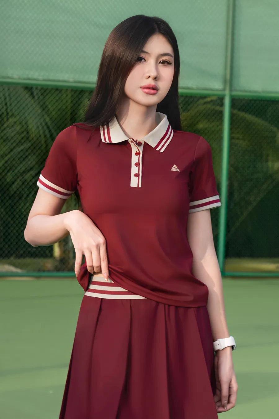 Áo polo tennis pickleball nữ Fitme EMBER CE thoáng khí kháng khuẩn APTN01 Red cổ be
