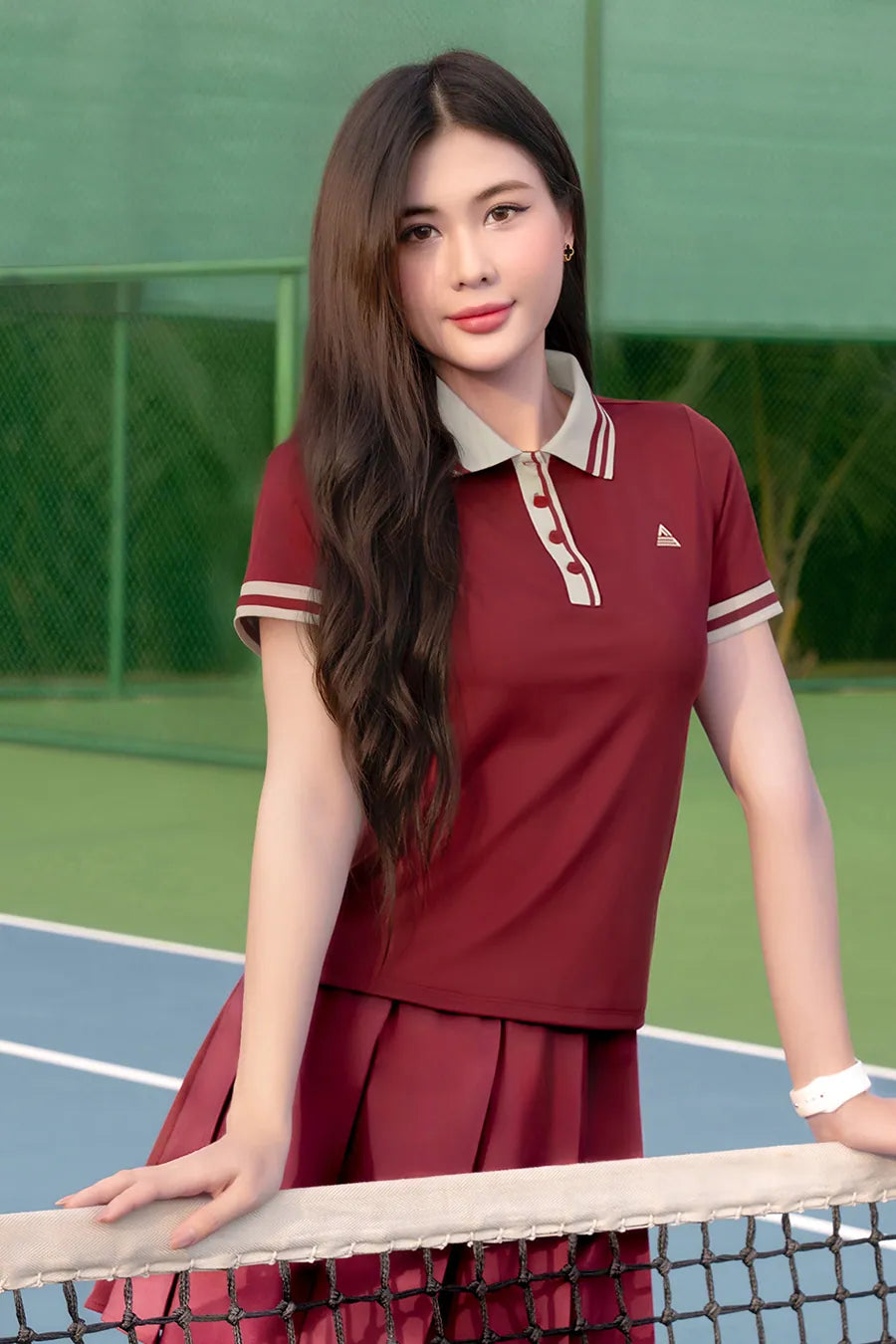 Áo polo tennis pickleball nữ Fitme EMBER CE thoáng khí kháng khuẩn APTN01 Red cổ be