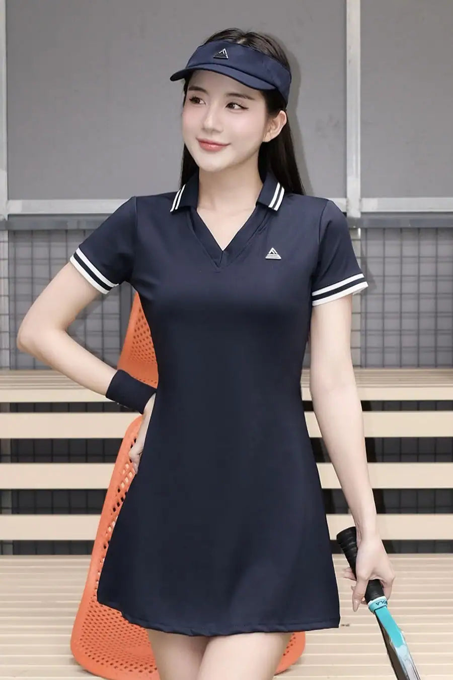 Váy cổ V FORCE EA DSSP02 Navy sọc navy