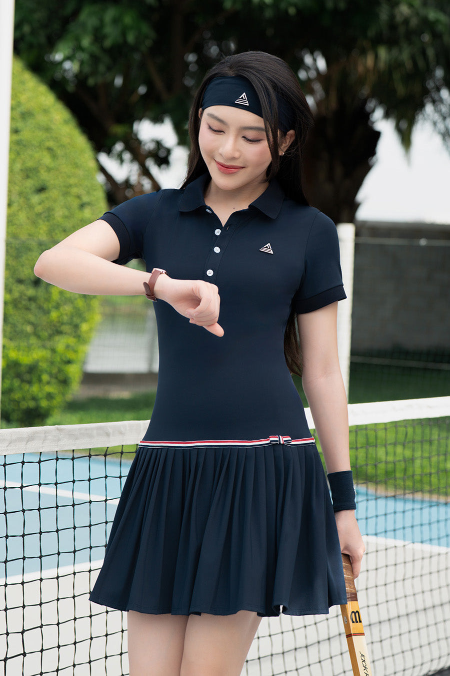 Váy tennis pickleball nữ Fitme FLAIR EA - DNSP02 - Navy nơ đỏ - Fitme Sportswear