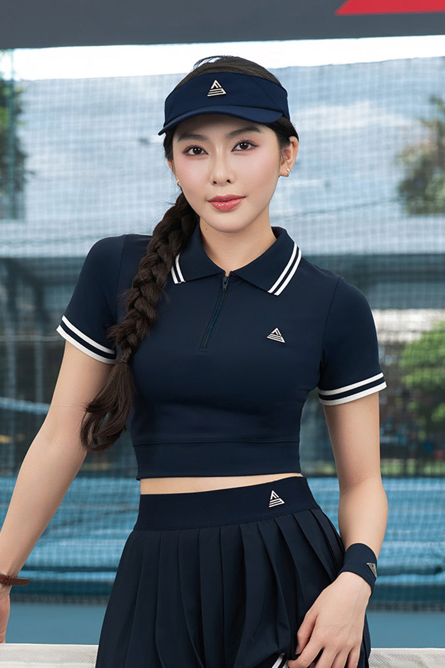 Áo polo croptop tennis pickleball nữ Fitme REGAL EA - APSP02 - Navy sọc navy - Fitme Sportswear