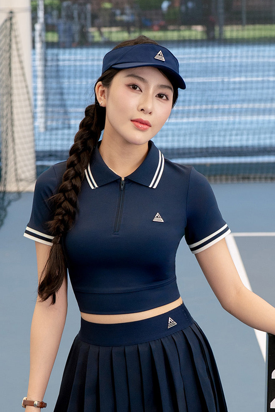 Áo polo croptop tennis pickleball nữ Fitme REGAL EA - APSP02 - Navy sọc navy - Fitme Sportswear
