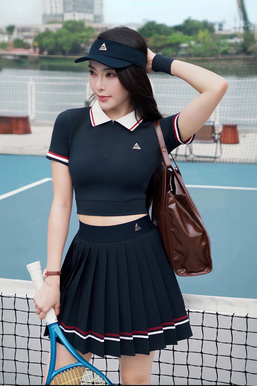 Chân váy tennis pickleball nữ Fitme VIF EA - VXSP02 - Navy sọc đỏ - Fitme Sportswear