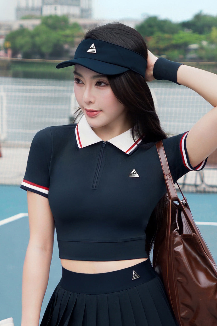 Áo polo croptop tennis pickleball nữ Fitme REGAL EA - APSP02 - Navy sọc đỏ - Fitme Sportswear