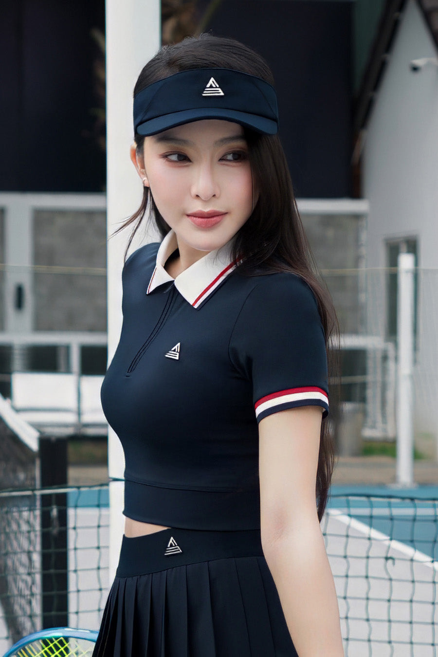 Áo polo croptop tennis pickleball nữ Fitme REGAL EA - APSP02 - Navy sọc đỏ - Fitme Sportswear