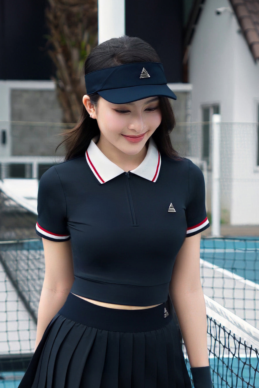 Áo polo croptop tennis pickleball nữ Fitme REGAL EA - APSP02 - Navy sọc đỏ - Fitme Sportswear