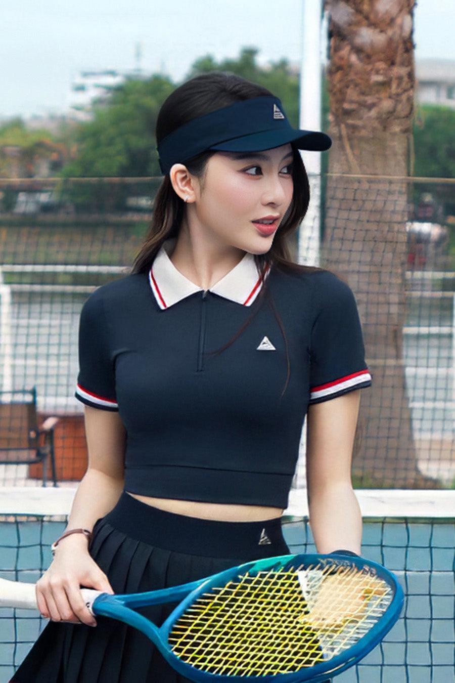 Áo polo croptop tennis pickleball nữ Fitme REGAL EA - APSP02 - Navy sọc đỏ - Fitme Sportswear