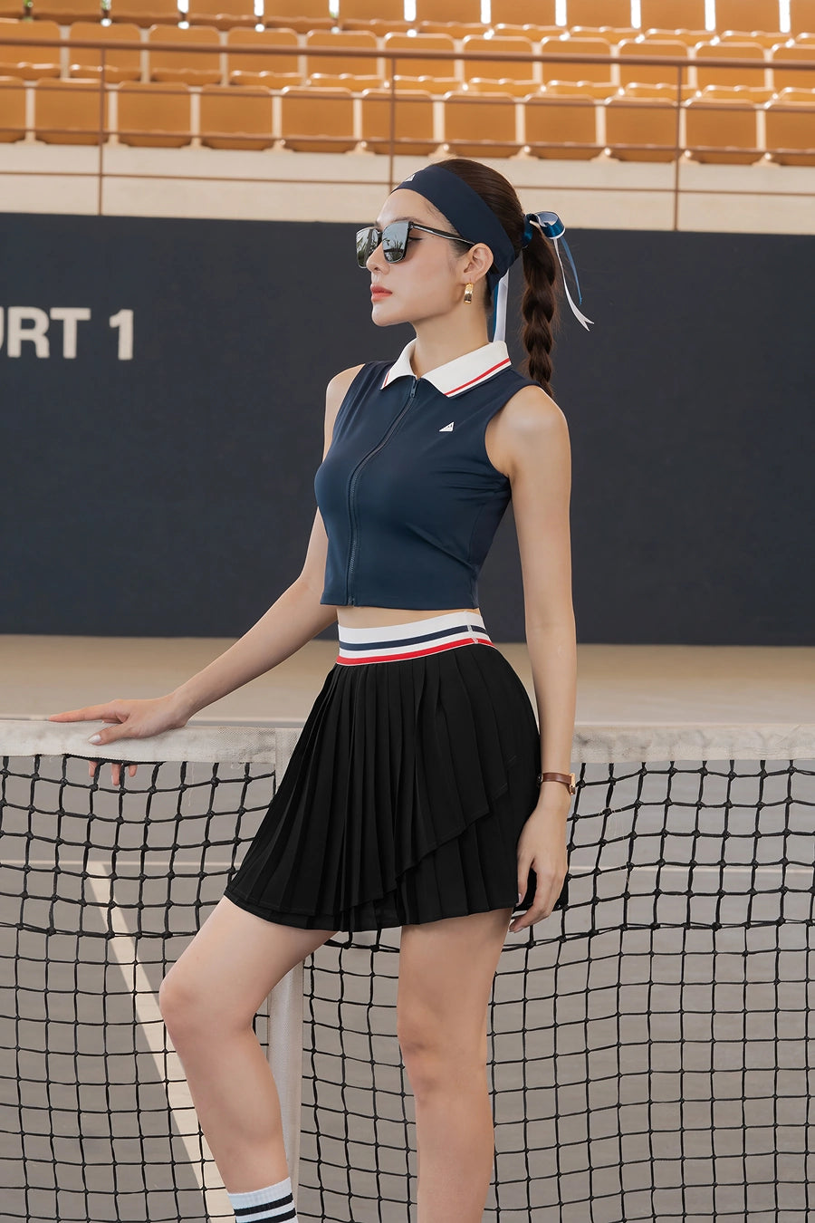 SOLEIL VVSP01 White Navy Belt Three-Layer Skirt