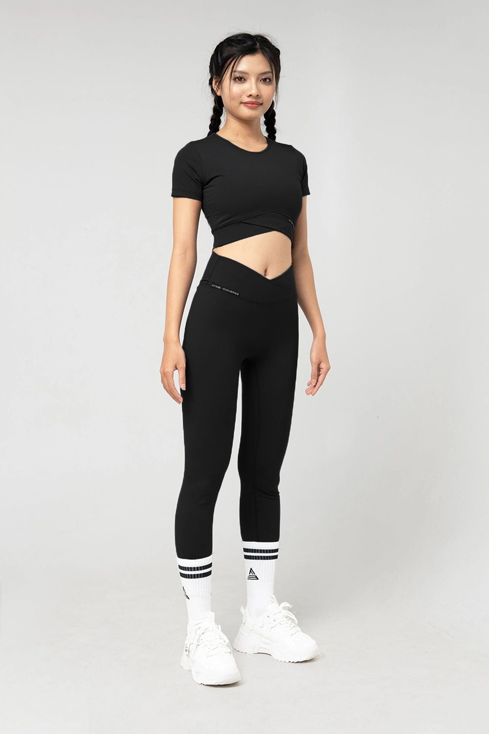 Quần legging dài tập gym cạp chéo Cover23 - Đen - Fitme Sportswear