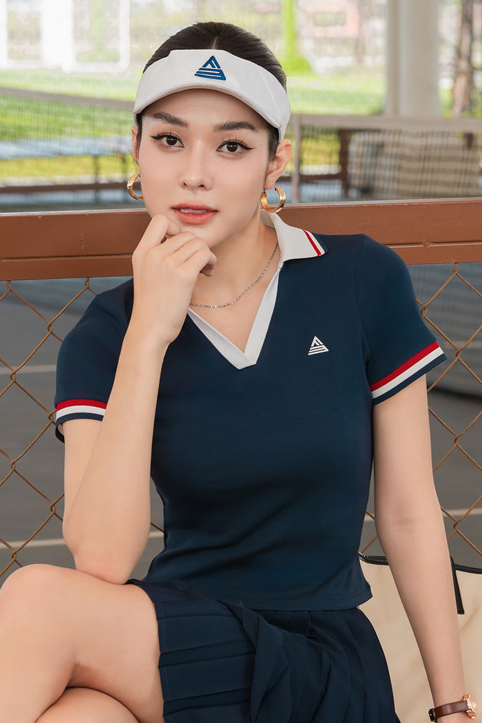 Áo polo tennis pickleball nữ Fitme VIVE ES - APSP01 - Navy cổ Trắng - Fitme Sportswear