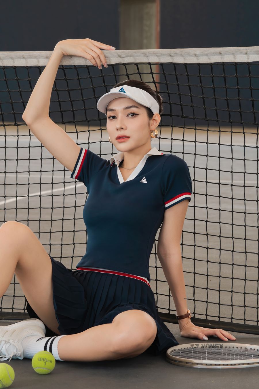 Áo polo tennis pickleball nữ Fitme VIVE ES - APSP01 - Navy cổ Trắng