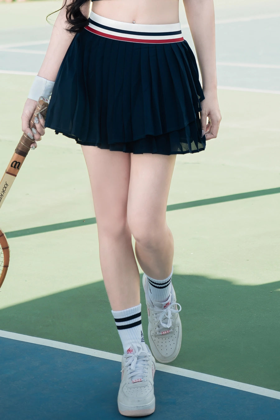 SOLEIL VVSP01 White Navy Belt Three-Layer Skirt