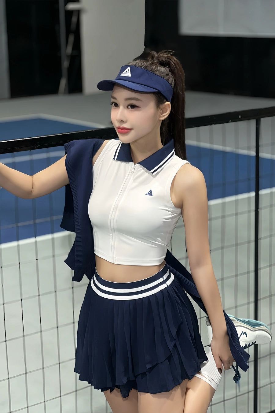 SOLEIL VVSP01 White Navy Belt Three-Layer Skirt