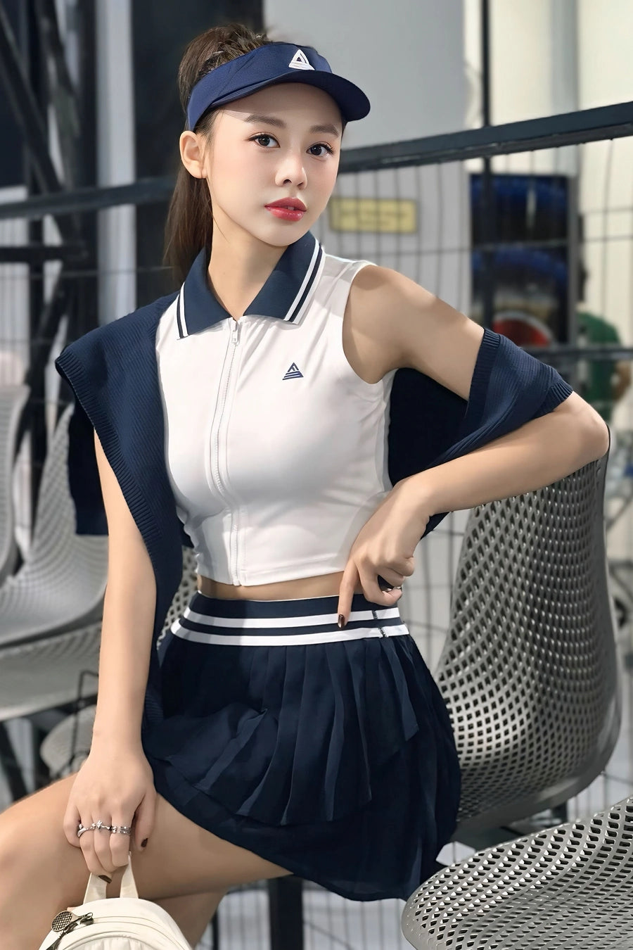 SOLEIL VVSP01 White Navy Belt Three-Layer Skirt