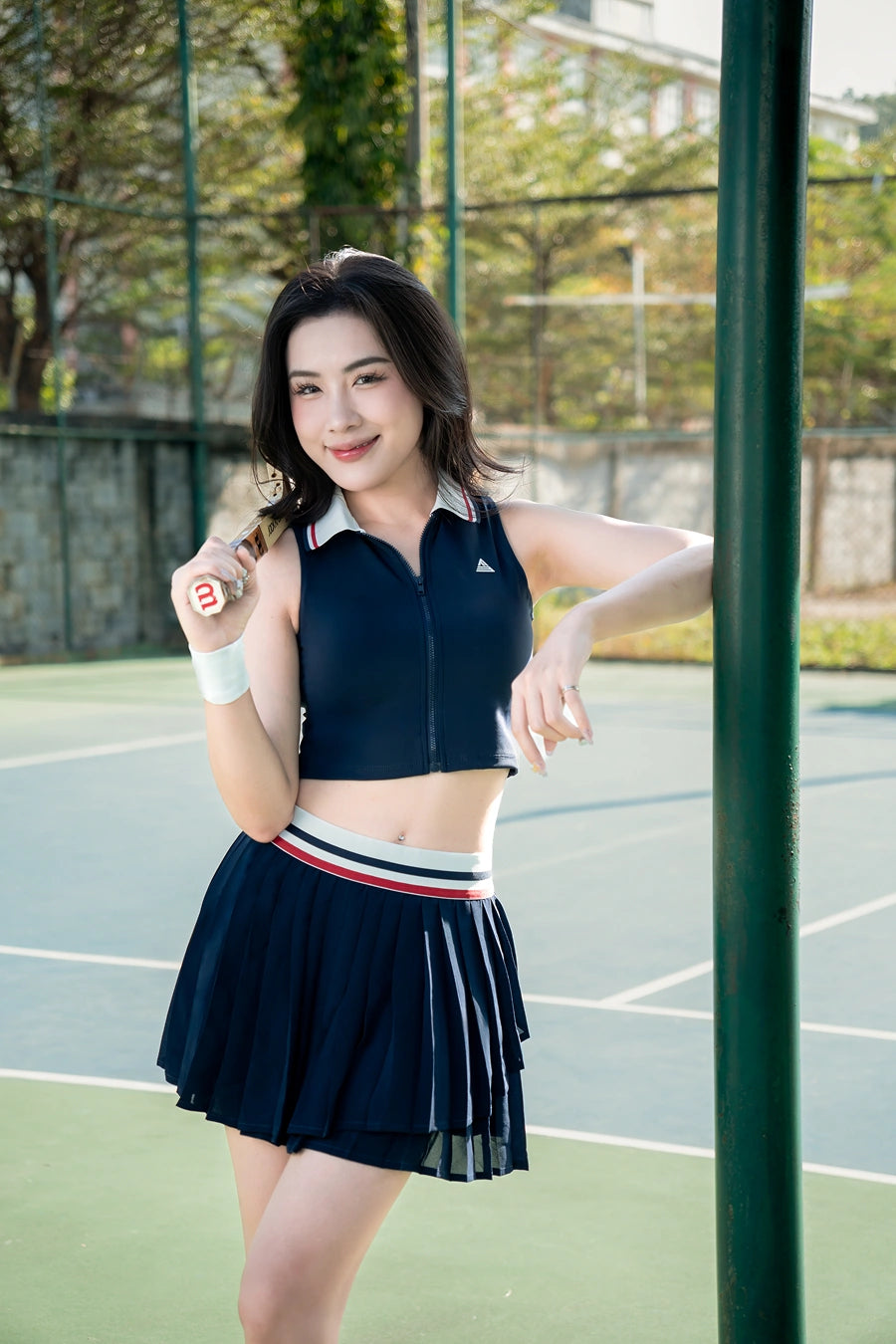 SOLEIL VVSP01 White Navy Belt Three-Layer Skirt