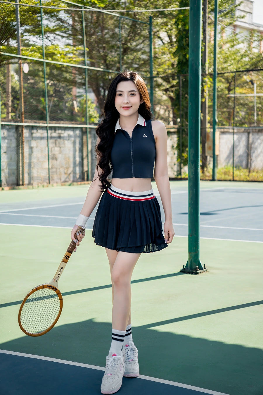 SOLEIL VVSP01 White Navy Belt Three-Layer Skirt