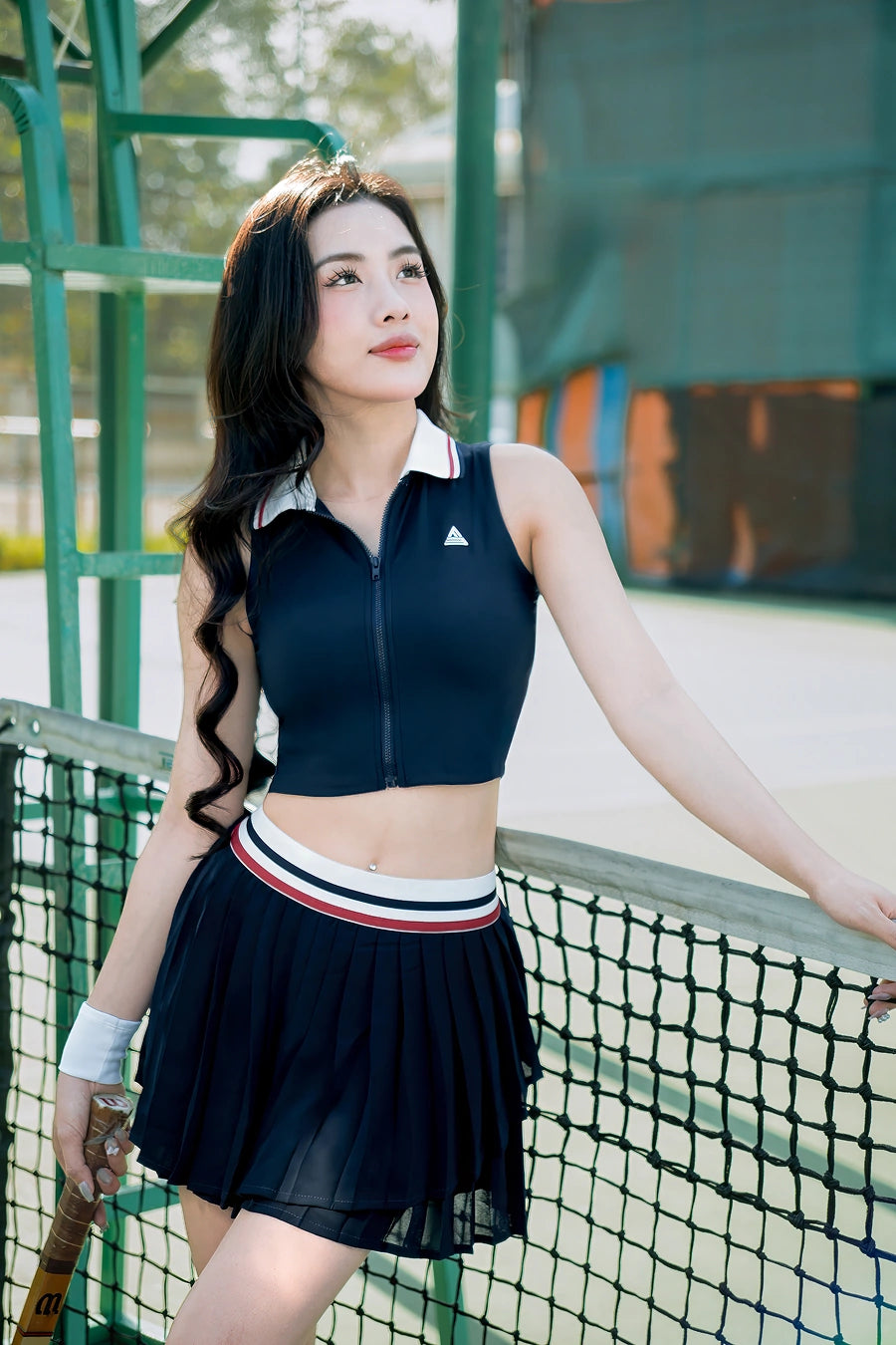 SOLEIL VVSP01 White Navy Belt Three-Layer Skirt